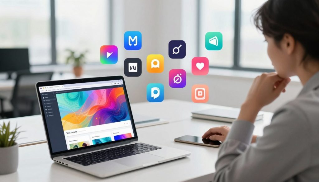 A modern workspace showcasing the concept of AI image generators. In the foreground, a sleek laptop with an intuitive interface displaying vibrant, AI-generated visuals, accompanied by a person in professional attire contemplating on how to enhance digital content. In the middle, a creative arrangement of colorful icons representing various AI tools and techniques, including color palettes, brushes, and abstract designs. The background features a bright, airy office environment with large windows, allowing natural light to illuminate the space, creating a fresh and inspiring atmosphere. The scene is captured from a slightly elevated angle, highlighting the technology and innovation in action, inviting viewers to explore the future of visual content creation.