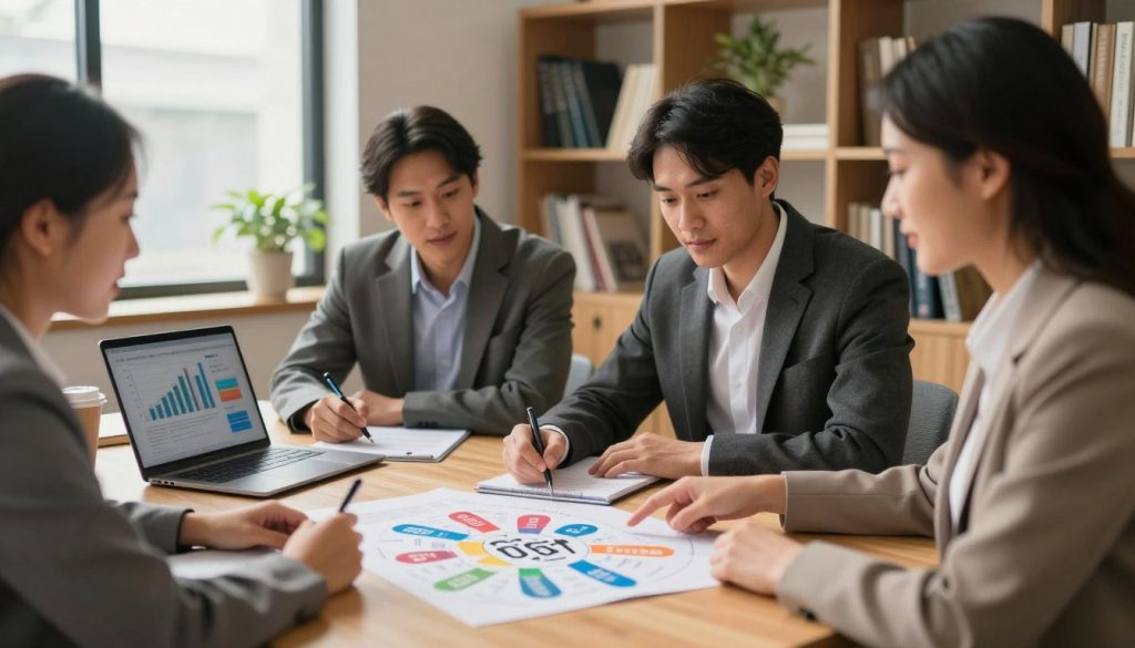 A professional and inviting office workspace featuring a diverse group of three individuals in business attire engaged in a discussion around a large table. In the foreground, a woman points to a colorful infographic illustrating various insurance cost-saving tips, such as bundling policies and increasing deductibles, printed on high-quality paper. In the middle ground, two men thoughtfully review documents and take notes, with a laptop displaying financial graphs open in front of them. The background features bookshelves filled with insurance-related literature and plants adding a touch of greenery. Soft, warm lighting filters in from a large window, creating an optimistic and collaborative atmosphere. The scene captures a moment of teamwork and shared knowledge about lowering insurance premiums.
