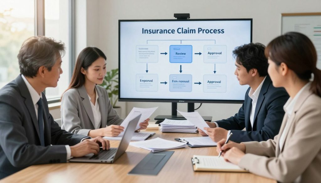 A serene office environment illustrating the insurance claim process. In the foreground, a diverse group of three professionals in business attire – a middle-aged man consulting a laptop, a young woman reviewing documents, and an older woman taking notes – working collaboratively around a conference table. The middle layer shows stacks of paperwork, claim forms, and a large screen displaying a flowchart of the claims process, symbolizing steps like filing, review, and approval. In the background, sunlight filters through large windows, casting a warm, inviting glow across the room, enhancing the friendly atmosphere. The overall mood is focused yet approachable, reflecting clarity and support in understanding the insurance claim process, captured in a slightly angled view to create depth.