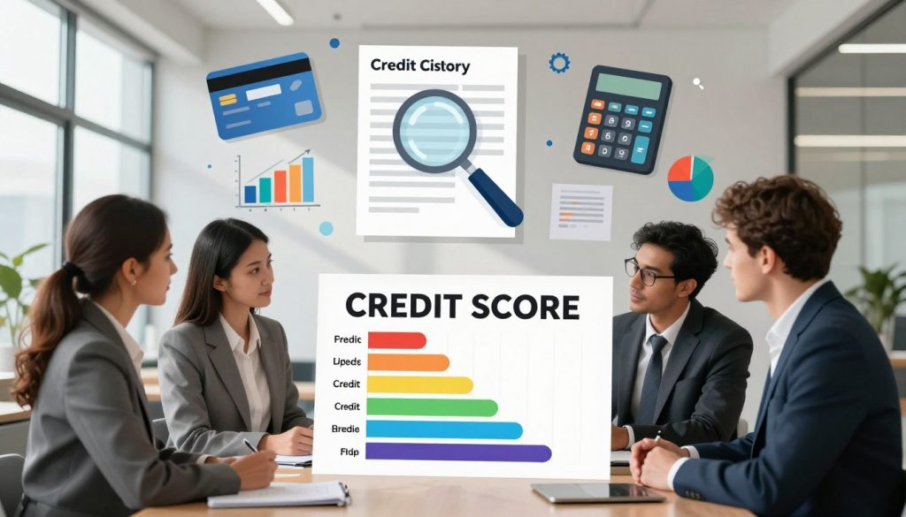 A visually engaging illustration depicting the concept of credit scores. In the foreground, a diverse group of three professionals in business attire, two women and one man, are discussing a large, colorful chart representing credit score ranges and factors like payment history, credit utilization, and length of credit history. The middle ground features floating icons symbolizing credit cards, a magnifying glass inspecting a credit report, and a calculator surrounded by graphs and pie charts that convey data analysis. The background is a sleek office environment with large windows allowing natural light to pour in, casting gentle shadows. The overall atmosphere is informative and collaborative, designed to evoke understanding and professionalism.