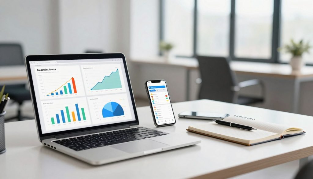 A visually engaging workspace illustrating the concept of top budgeting tools for financial success. In the foreground, a sleek laptop displays colorful graphs and chart analytics showcasing budget breakdowns. Beside it, a smartphone screen shows a popular budgeting app interface, highlighting user-friendly features. In the middle, a desk is adorned with notebooks and a pen, symbolizing planning and tracking. The background features a modern office space with large windows letting in soft, natural light, enhancing the atmosphere of productivity. The scene should convey a sense of organization, motivation, and financial empowerment, with a clean, minimalist aesthetic. Use soft focus on the background to emphasize the foreground elements, capturing a dynamic yet professional vibe.